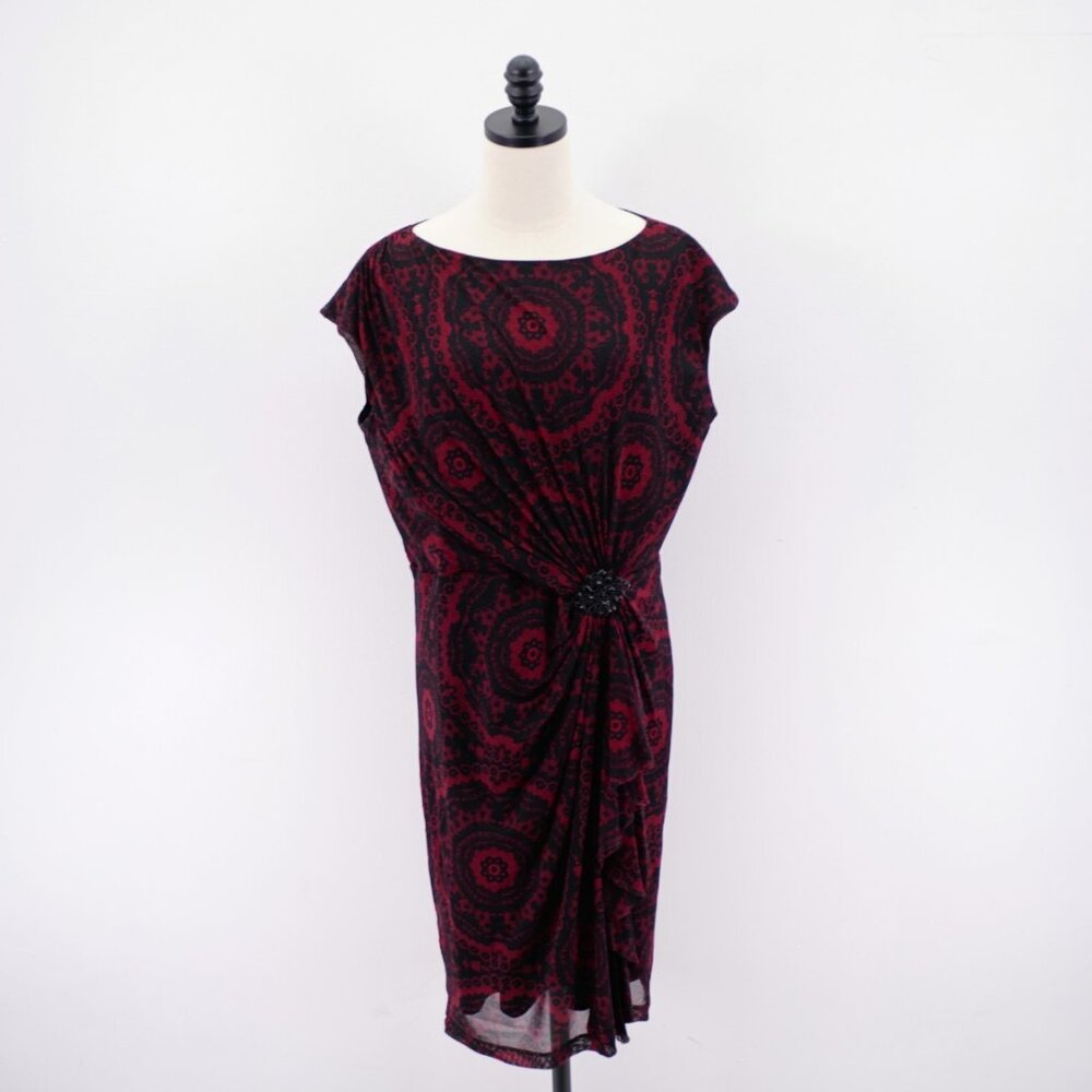 Jones New‎ York Broach Wrap Tunic Dress Red Black Geometric Sleeveless Lined 16